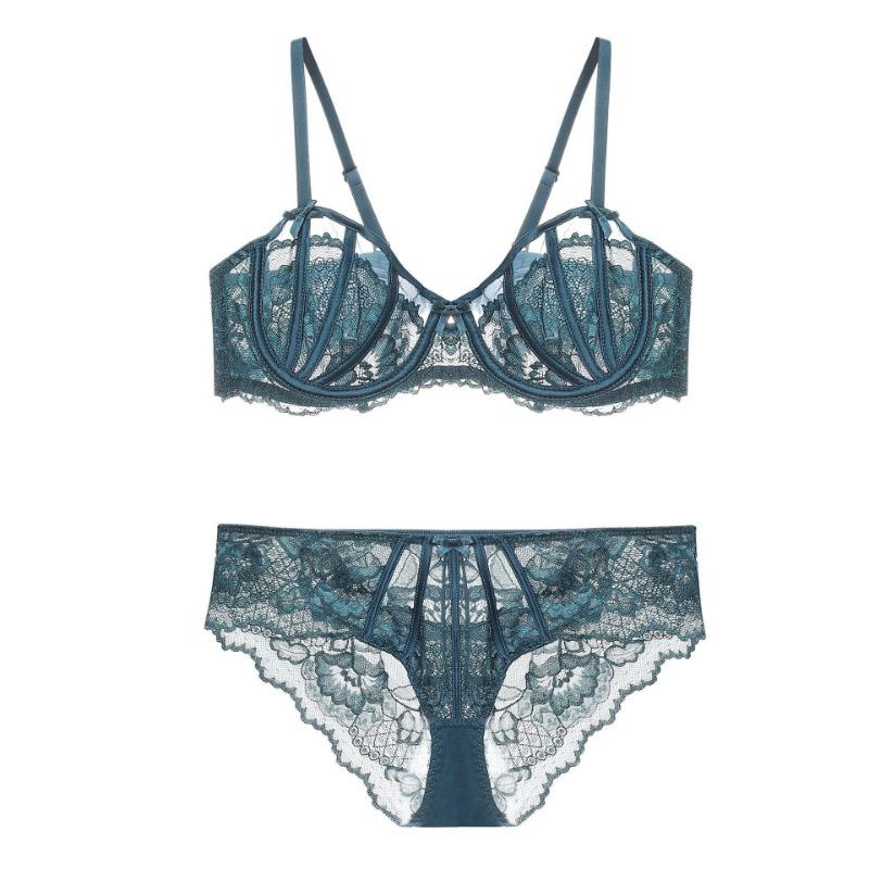 Women's Floral Lace Sheer Mesh Push Up Bra Underwire Balconette Bralette with PantySexy Lingerie Set for Women