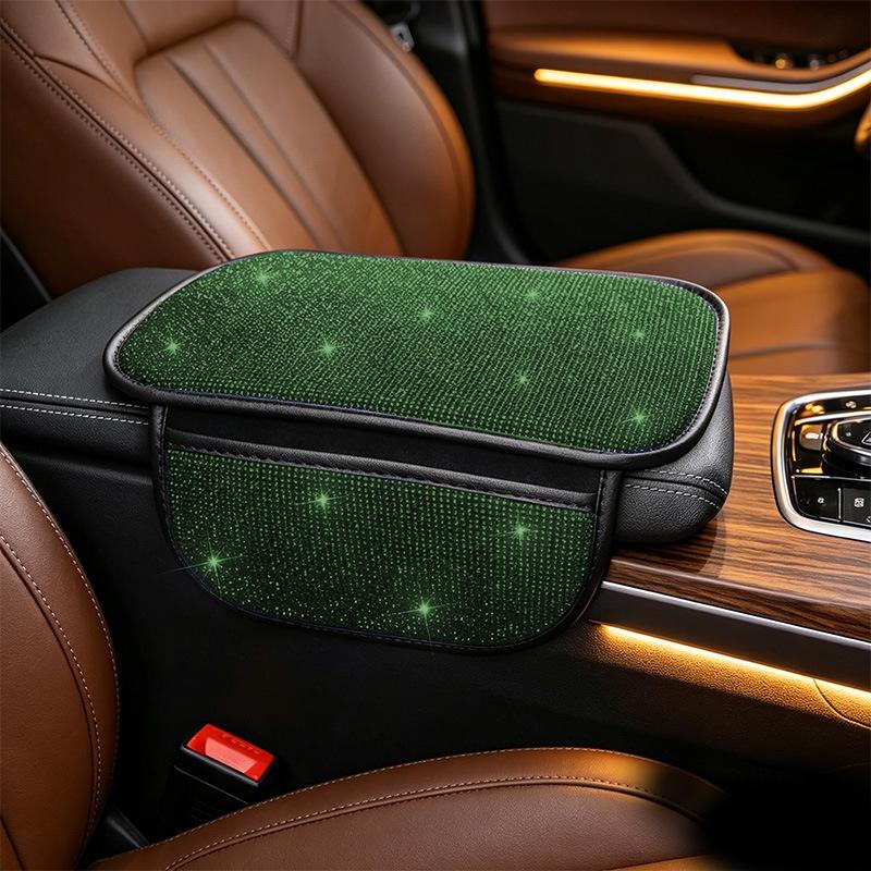 Bling Car Armrest Box Cushion With Side Phone Pocket Rhinestones Auto Center Console Protector Pad For Women Interior Accessorie