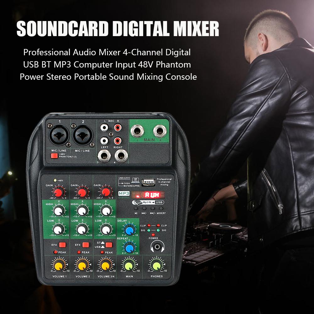 Professional Audio Mixer 4 Channel Digital USB BT MP3 Computer Input 48V Phantom Power Stereo Portable Sound Mixing