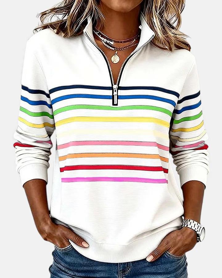 3D-Druck gestreifter Reißverschluss Pullover Hoodie für Damen