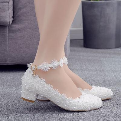 Large Size 3 Cm Square Heel Round Toe Single Shoes One-line Wristband Spring and Autumn White Lace Wedding Shoes Bridesmaid Shoes Car Show