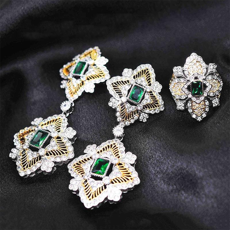 Weave Engraved Gold Imitation Emerald Suit Lace Hollow Filament Ring Long Earrings Green Diamond Necklace