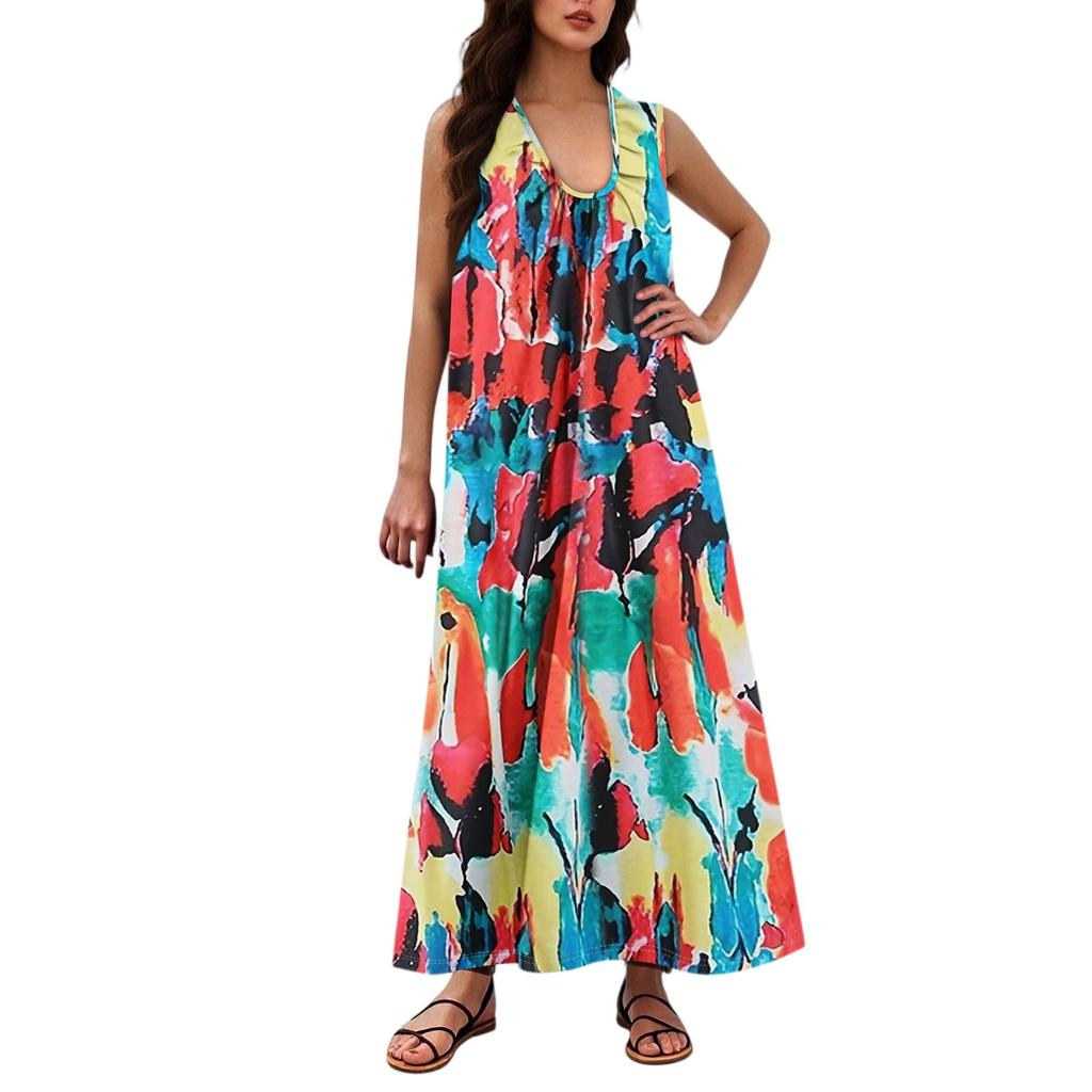 Women's Fashion Casual A-line Floral Printed Hammer Feel Loose Long Skirt With Pockets