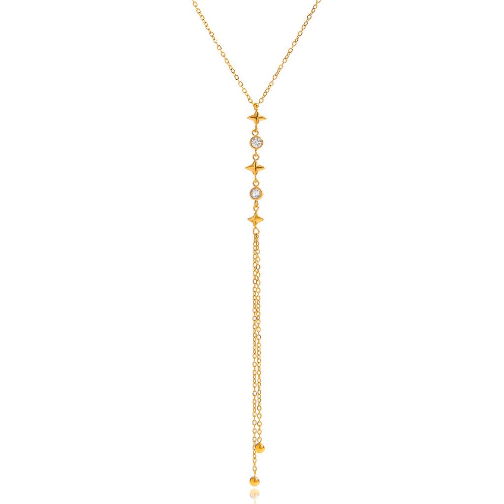 Design Sense Classic Style 16K Gold, White Zircon Zirconium Cup Tetra Star Y Chain Necklace