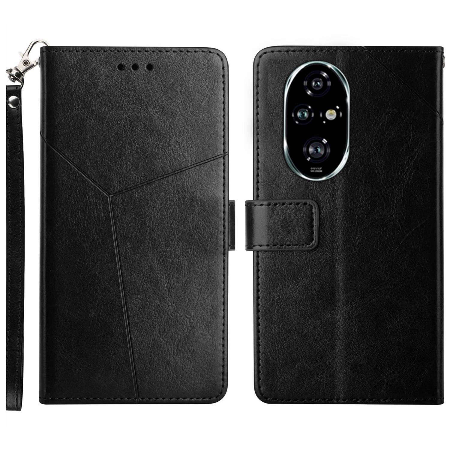 

For Honor 200 5G Case with Wrist Strap Y Shaped Lines Imprint Leather Phone Cover Black