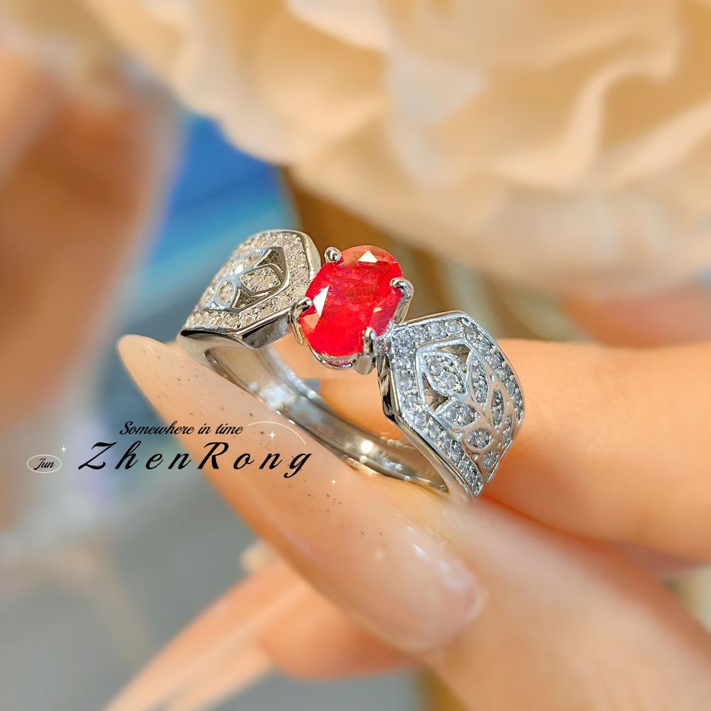 Elegant French Vintage Women Rings with High Carbon Diamond Red Corundum and Blue Spinel Simple Fashion Jewelry