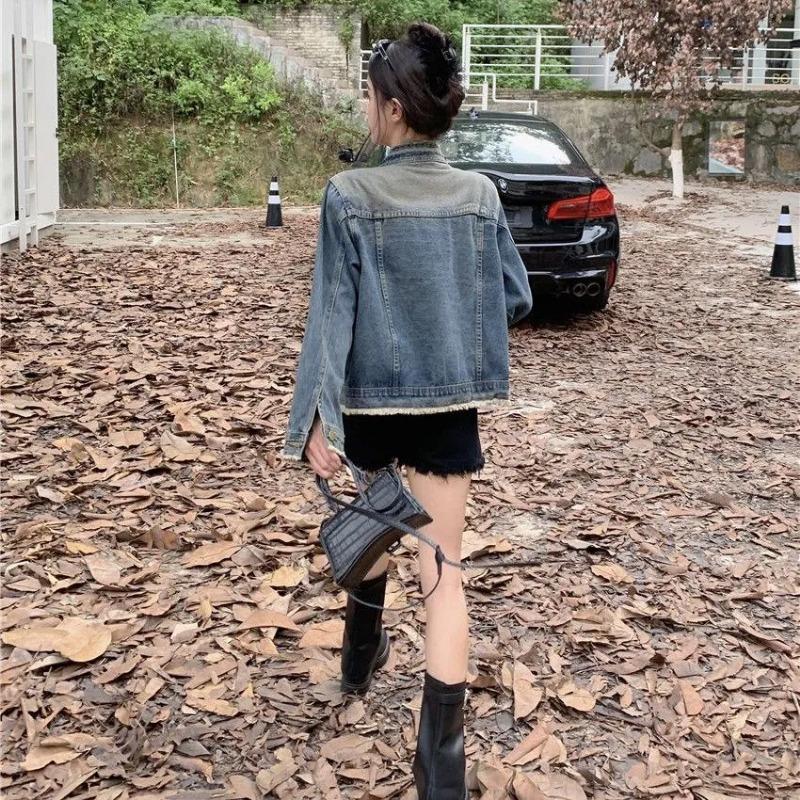 Denim Jacket Design Spring and Autumn New Style Round Neck Raw Edge Retro Washed Loose Top Jacket for Women