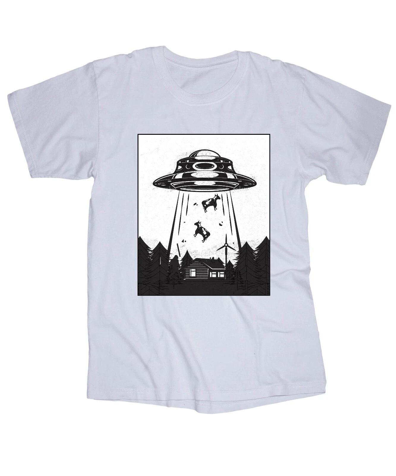 Alien Cow Abduction T-shirt UFO Bigfoot Sighting Flying Saucer Space Ranch L