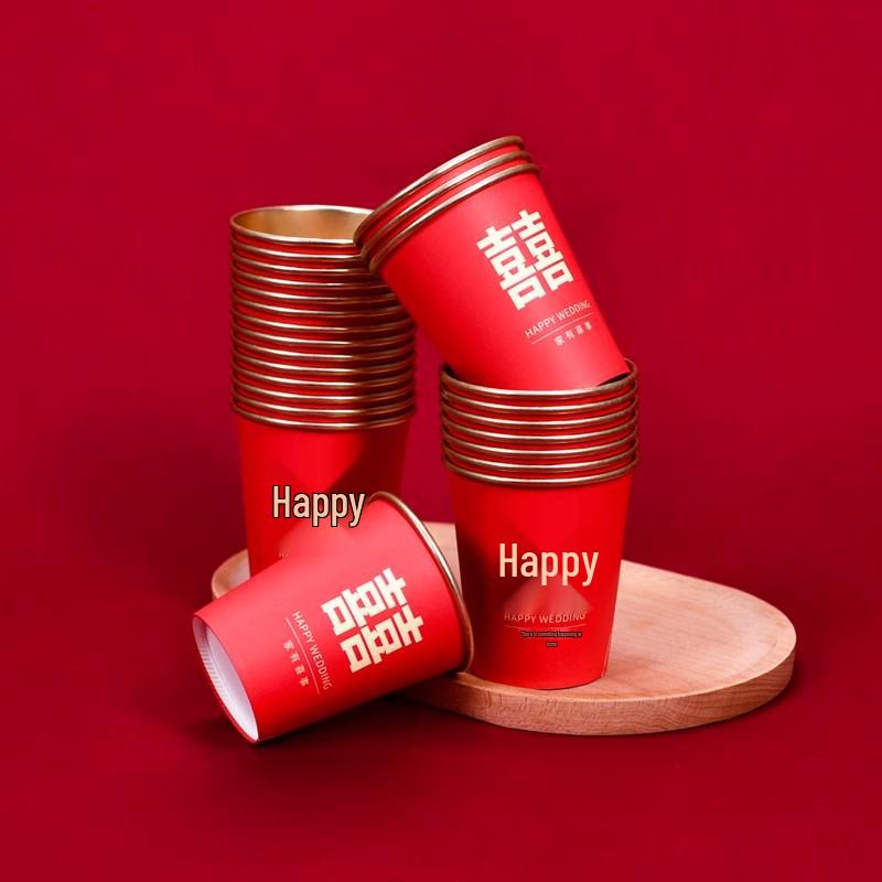 Disposable Gold Foil Wedding Tea Cups: Thickened Red Festive Collection
