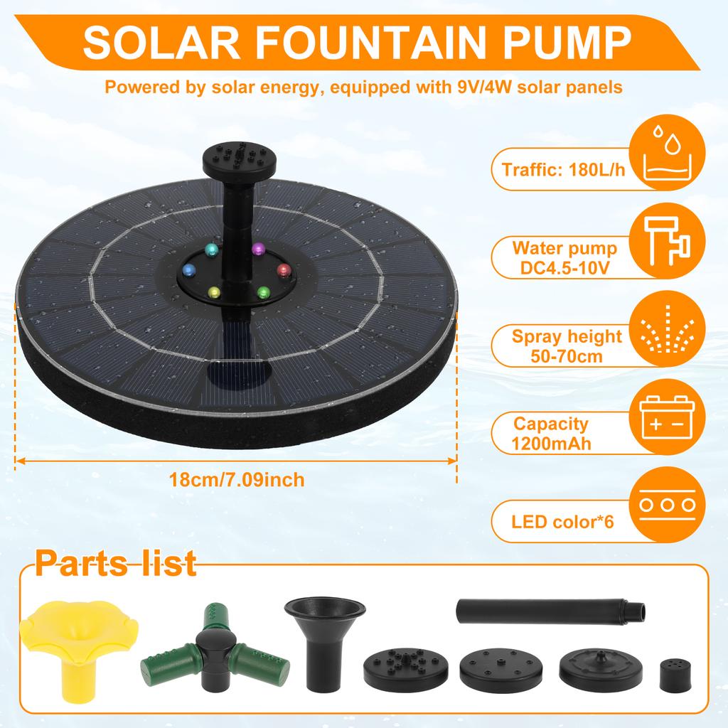 4W Solar Bird Bath Fountain Pump Outdoor Solar Powered Fountain with Color LED Lights & 6 Nozzle for Garden Pond Pool Decoration