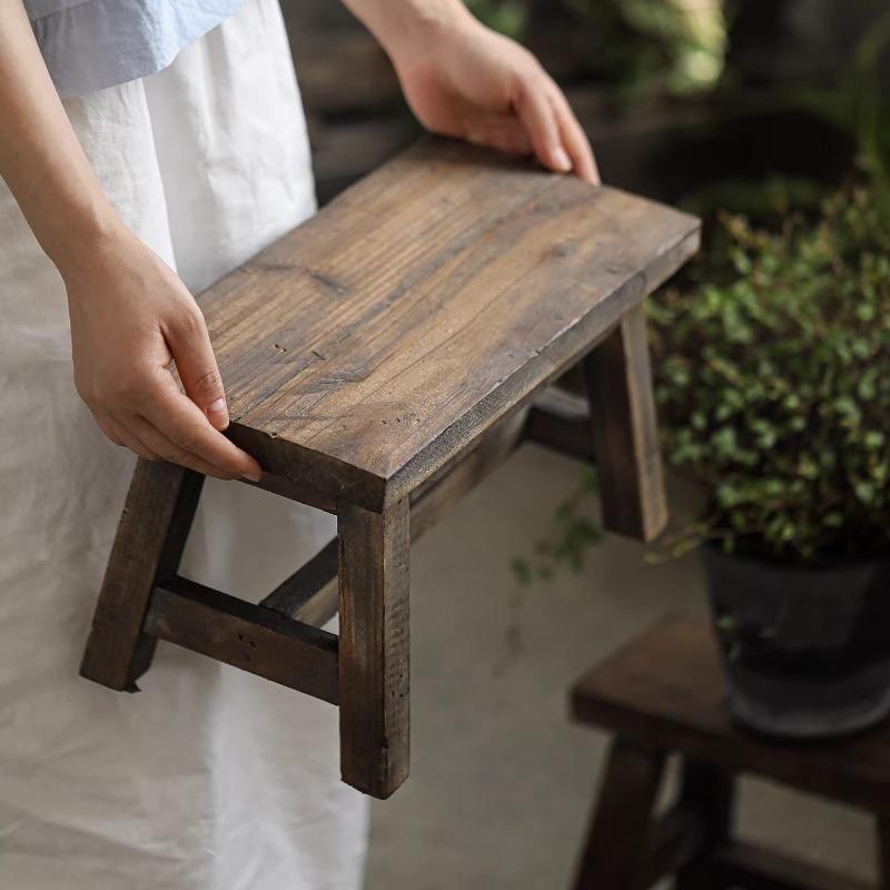 Solid Wood Low Stool, Wabi-Sabi Vintage Small Stool for Home Guesthouse, Natural Wood Decorative Seating for Entryway Bedroom