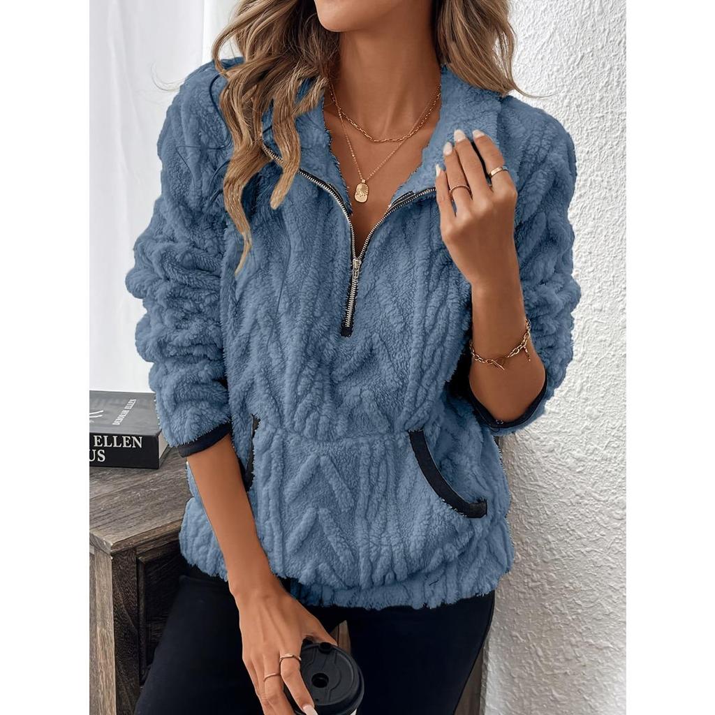 Autumn and Winter New Style Lapel Small Fragrant Jacquard Half Zipper Plush Pocket Short Hoodie