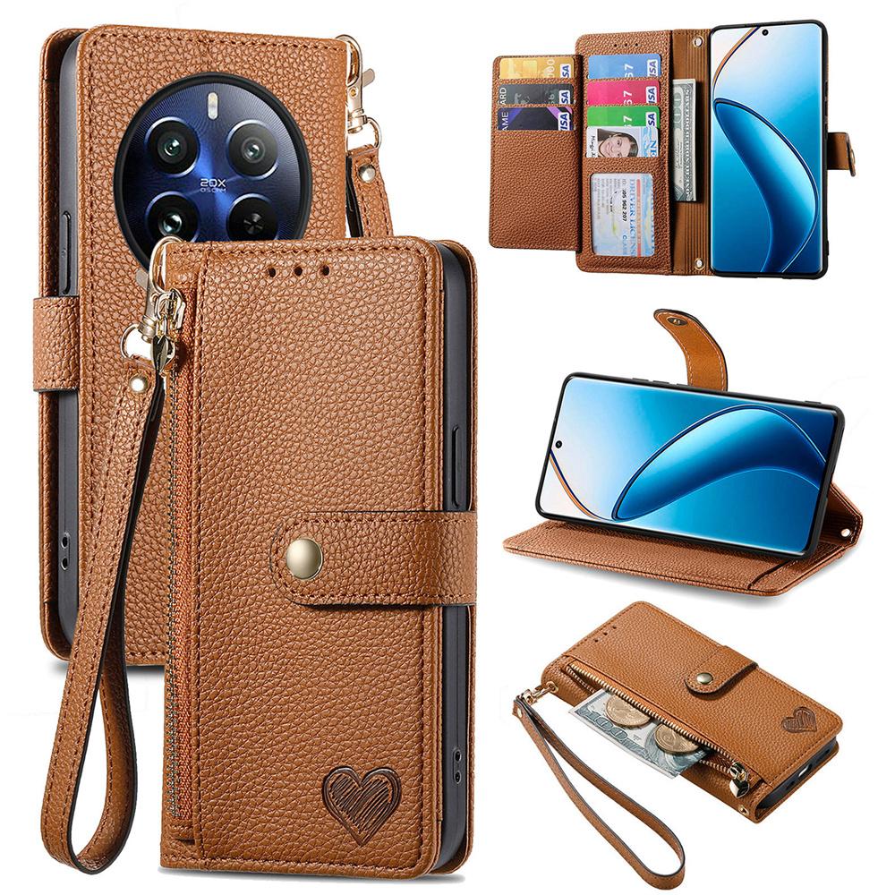 

For Realme 13 4G Case RFID Blocking Zipper Pocket Leather Wallet Phone Cover Brown