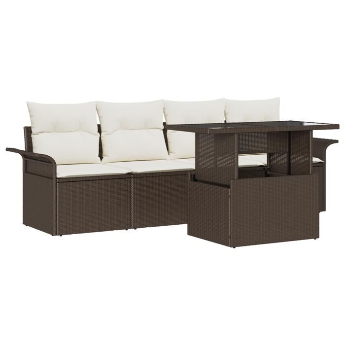 VidaXL Ensemble de Canapés de Jardin 5 Pièces avec Coussins Marron Poly Rattan 3348184