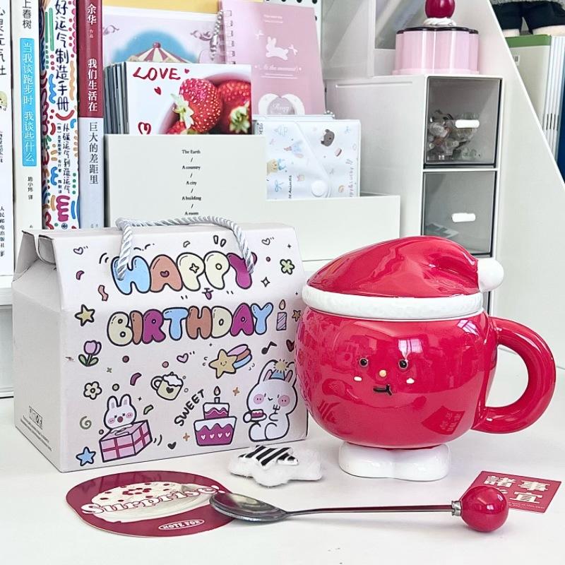 Roztomilý keramický hrnek na Štědrý večer Kreativní jablečný hrnek s víčkem a lžičkou Dívčí vánoční dárek Suvenýr