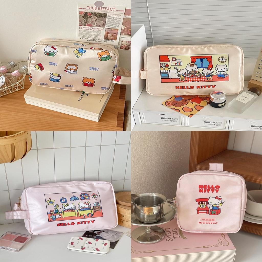 Hello Kitty Satin Makeup Bag With Cartoon Print For Travel And Daily Use