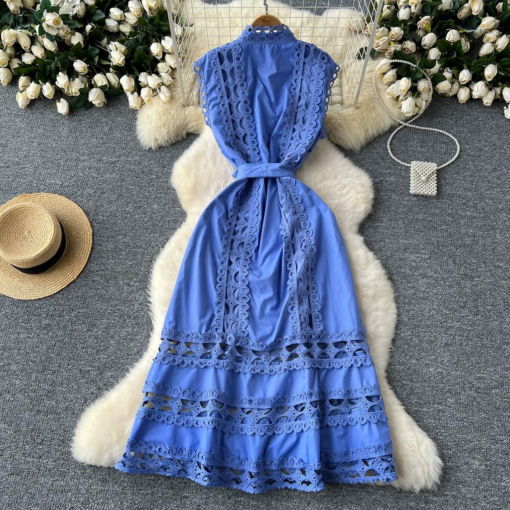 Summer Elegant Stand Collar Lace Spliced Embroidery Holiday Dress Women's Sleeveless Tank Party Dressess