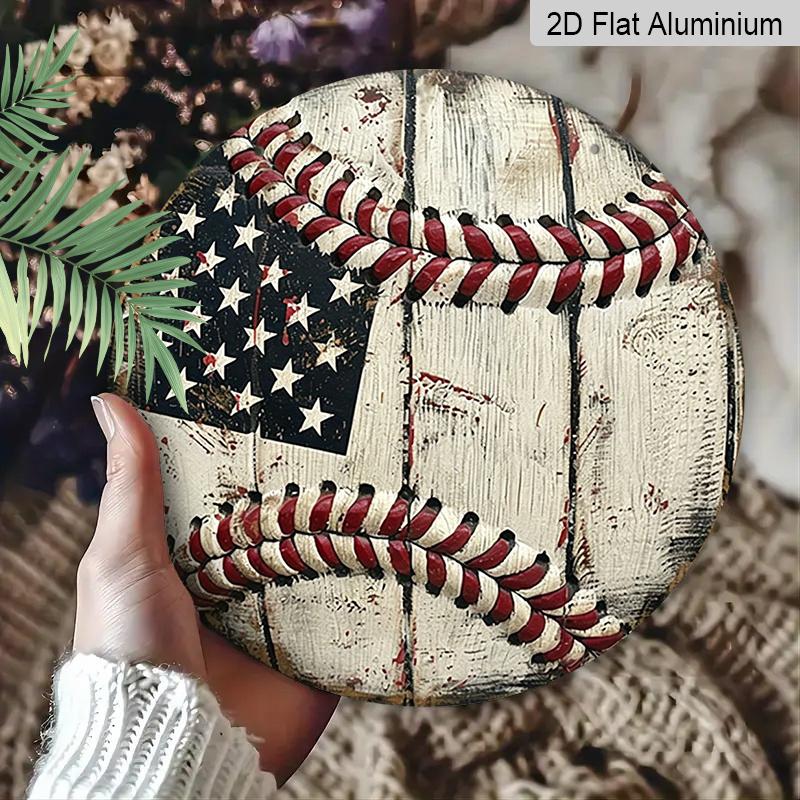 2D Flat, 1pc Round Vintage Baseball USA Flag Aluminum Hanging Sign, Rustic Patriotic Sports Metal Wall Decor, Suitable for Both Indoor And Outdoor
