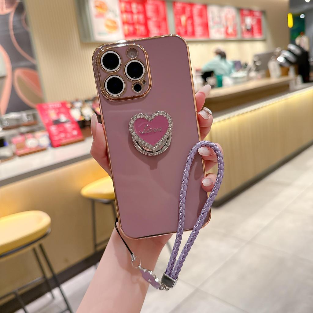 Luxury Wrist Strap Love Heart Stand Plating Camera Lens Protect Bumper Phone Case For iPhone 17 Air 16 15 14 Plus 13 12 11 Pro Max SE Girls Cute Cover