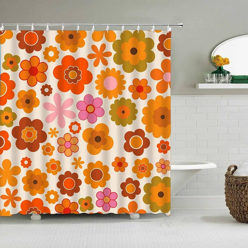 Vintage Rainbow Floral Shower Curtain 70s Colorful Stripe Fun Elegant Bohemian Abstract Style Bathroom Decoration Shower Curta