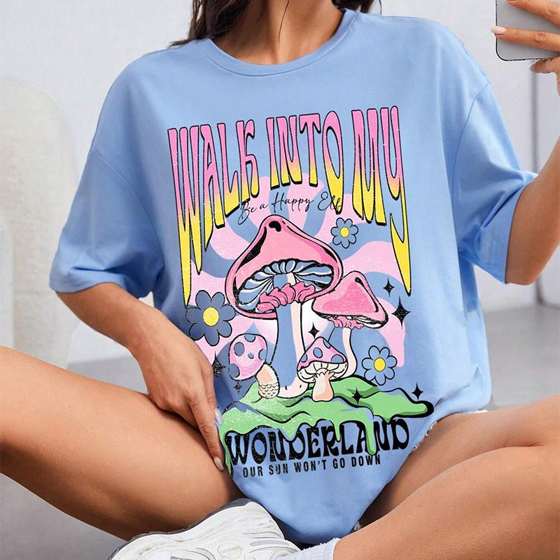 Tricou cu imprimeu cu litere cu ciuperci de desene animate creative pentru femei de modă