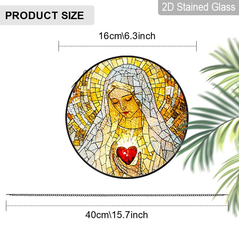 2D Flat Blessed Virgin Mary Stained Glass Suncatcher, 6.3/7.87 Inch Holy Virgin Mary with Sacred Heart Stained Glass Ornament, Christian Window 6.3inch