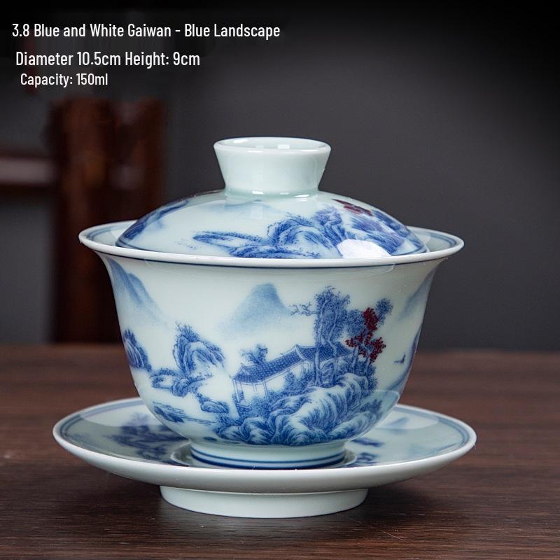 Large Blue & White Retro Sancai Gaiwan Ceramic Tea Cup with Infuser - Kung Fu Tea Set