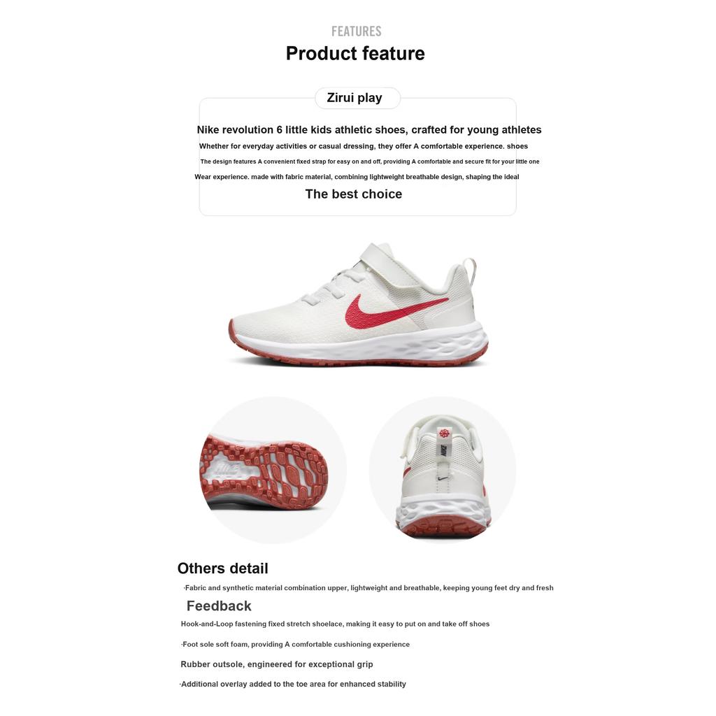 New Nike REVOLUTION 6 Cushioning Low-Top Kids' Running Shoes White Red Children Aged 3-7 Years Old DD1095-102