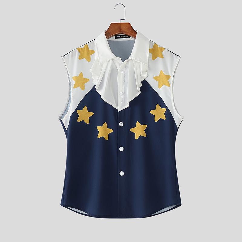 INCERUN Summer Men Sleeveless Ruffled Print Casual Buttons Tank Tops Vest M