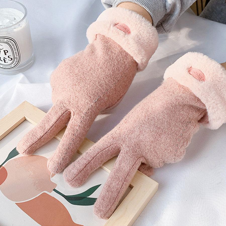 Winter Gloves Women Girl Cashmere Touch Screen Warm Gloves Elegant Outdoor Riding Wool Bow Full Cotton Finger Driving Mittens