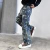 American high street jeans men's ins trendy checkerboard loose straight pants jacquard checkerboard casual trousers