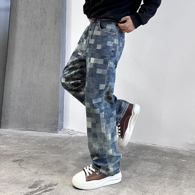 American high street jeans men's ins trendy checkerboard loose straight pants jacquard checkerboard casual trousers