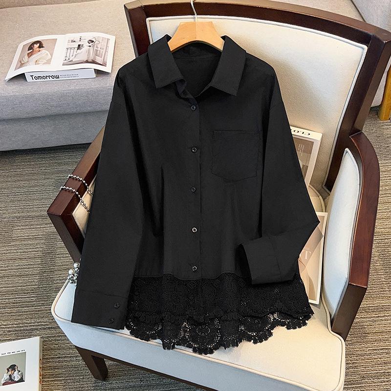 Plus Size Women's Long Sleeve Lace Trim Shirt – Early Spring Layering White Top
