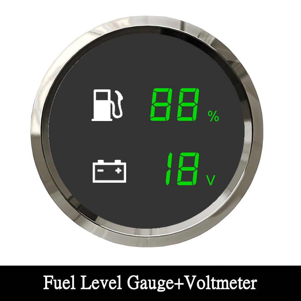 52MM 2 IN 1 Dual Digital Gauge Fuel Level Gauge Voltmeter With Warning Light Fuel Level Sensor For Marine Boat Car Truck NO Sensor BS