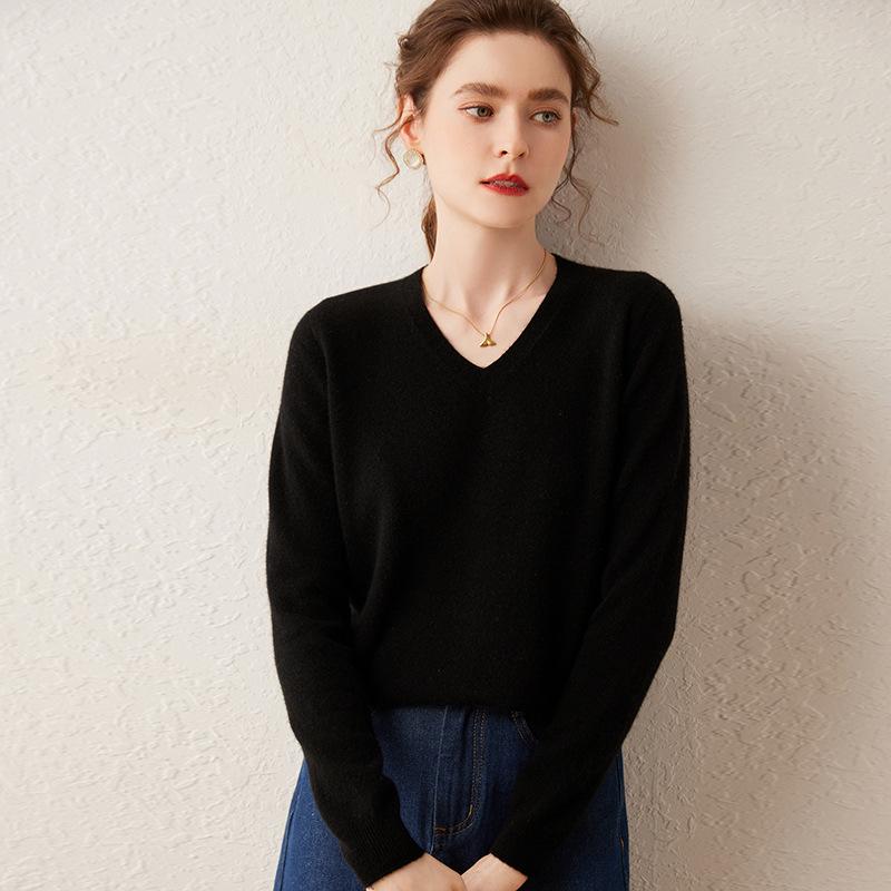 2025 Autumn/Winter Women's V-Neck Cashmere Sweater - Loose Fit, Thin Base Layer, Solid Color