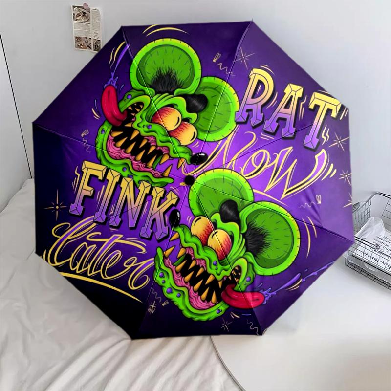1pc Rat Fink pattern Umbrella Portable Folding Umbrella Iron Frame Hole Bone Structure Outdoor Home Umbrella