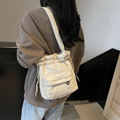 2025 New Large-capacity Nylon Bucket Bag Women's Korean Version Simple Drawstring Shoulder Bag Pleated Casual Messenger Bag