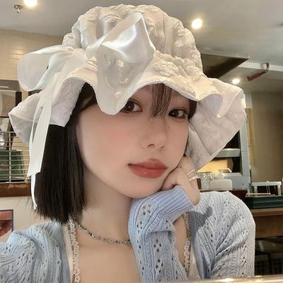 Japanese Style Niche White Bow Flower Fisherman Hat Women's Summer Thin Versatile Cloud Hat Cute Basin Hat