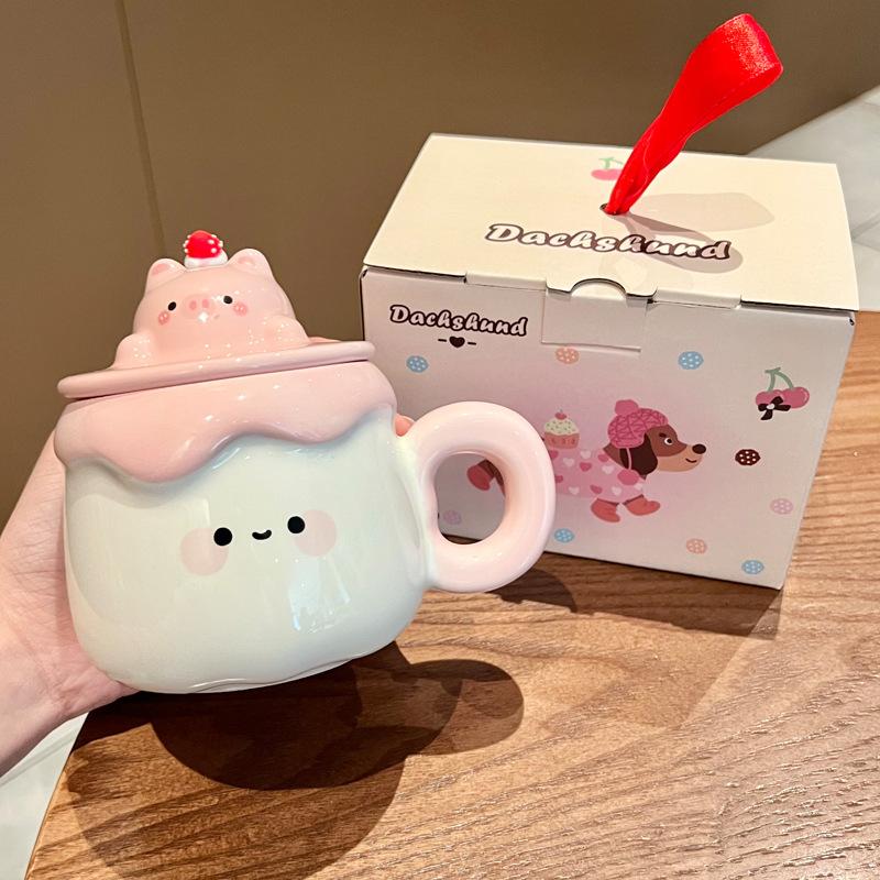 Gift Super Cute Pudding Mug Household Ceramic Water Cup with Lid Spoon Coffee Cup Souvenir