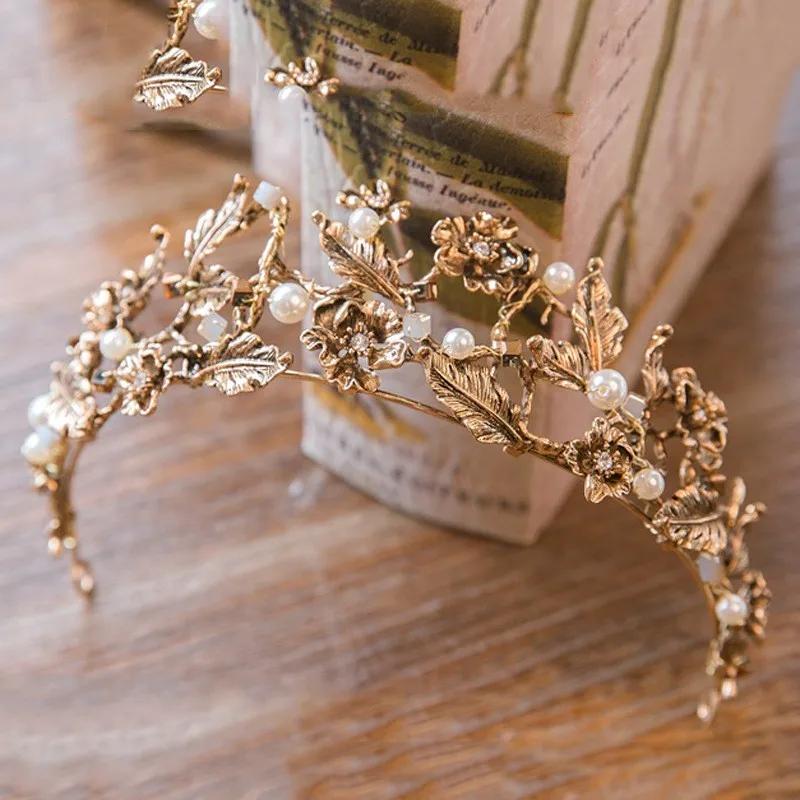 Vintage Barock Gold Farbe Perle Blatt Braut Tiaras Kristall Krone Haarbänder Rebe Tiara Hochzeit Haarschmuck Braut Stirnband