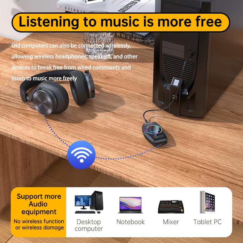 Bluetooth 5.4 Audio Transmitter Receiver RGB LED Display Hifi Stereo Music Wireless Adapter 3.5MM AUX TF With Mic For TV PC Car