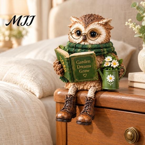 Resin Reading Owl Statue Book Lover Shelf Sitter Figurine, Statue, Whimsical Forest Animal Ornament Farmhouse Tabletop for Bookshelf Home Decor,