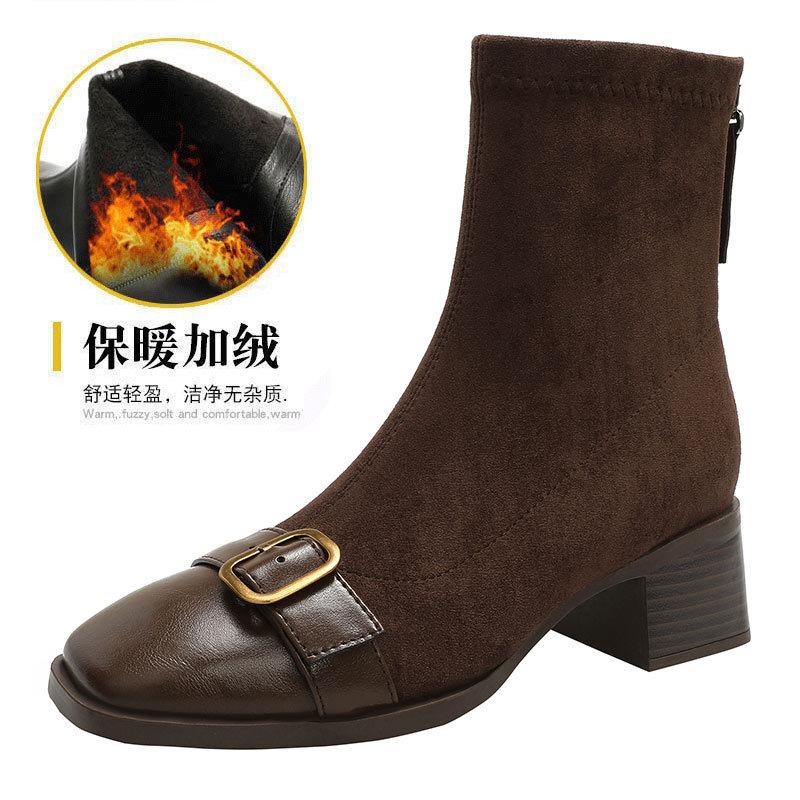 Square head thin boots women's 2025 new thick heel medium boots British retro black suede French small short boots