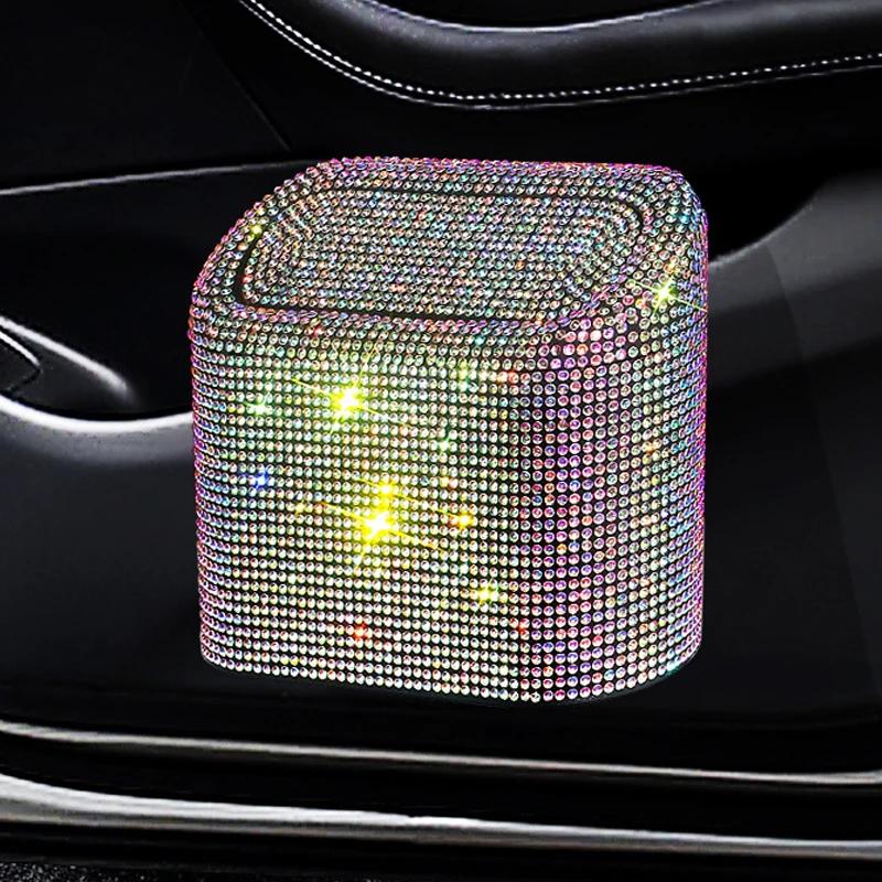 Luxury Bling Rhinestone Car Trash Bin Hanging Garbage Dust Case Storage Box Pressing Type Trash Can Auto Interior Accessories