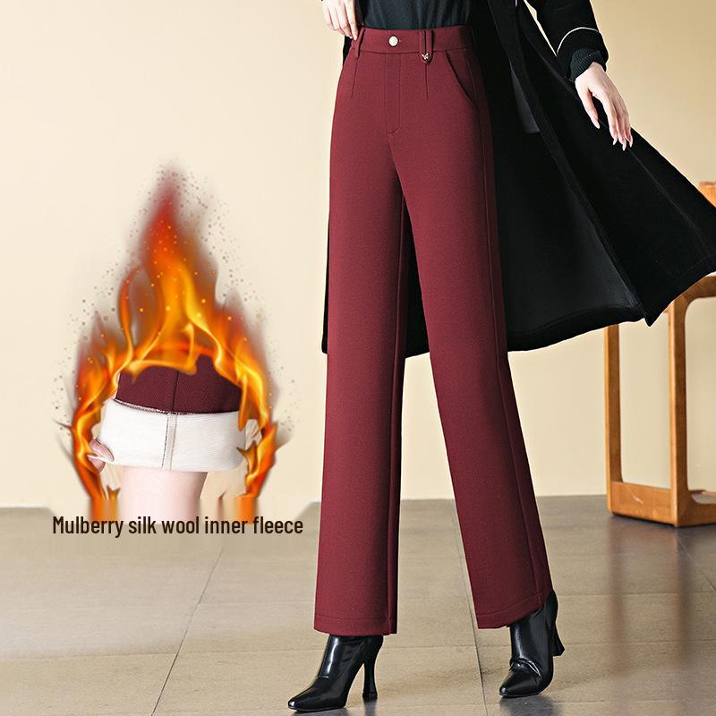 Women's High-Waist Acetate Wool Straight-Leg Pants: Warm, Velvet-Lined, for Autumn/Winter