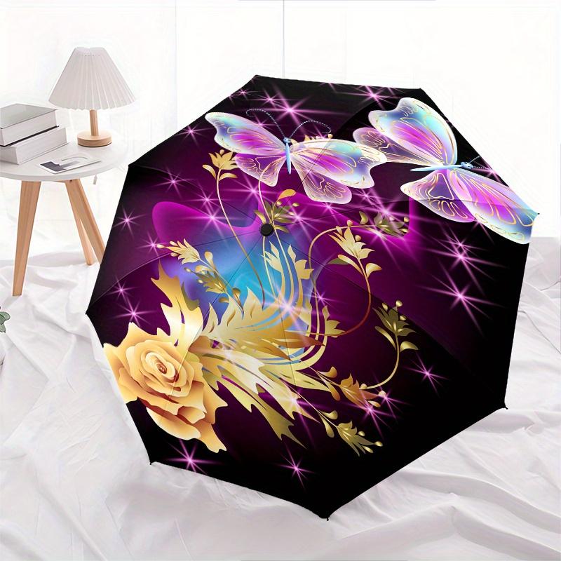 Butterfly and Flower Sparkle Phone CaseUmbrella, Cute Umbrella with Cute Design, Portable 3-Fold Compact Umbrella for Men & Women, Valentine's Day Mot