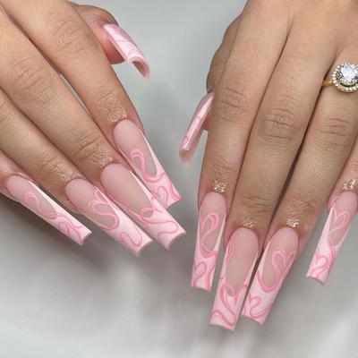 24Pcs/Set Quick Nails Frosted Ballet Nail Pink Heart False Nials Sticker Wearable Waterproof Manicure Finished Nails