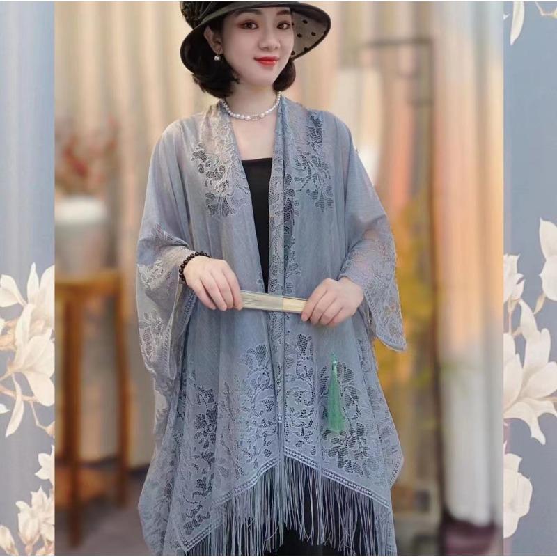 Damen Chinesischer Retro Hohl Quaste Spitze Sonnenschutz Schal Strickjacke Umhang