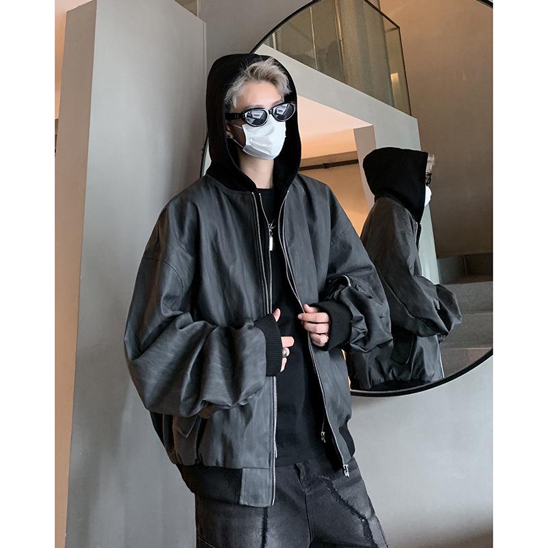 Herren Frühling & Herbst Trendige Lederjacke mit Kapuze - Zweiteiliger Stil, Amerikanischer Street Dark Rogue, Lockere Passform Pilotendesign