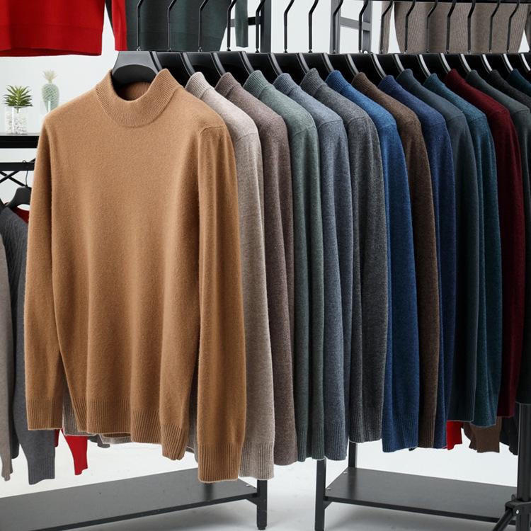 2024 Men's Pure Wool Half-High Neck Sweater, Autumn Winter Knitwear, High-End Casual Base Layer
